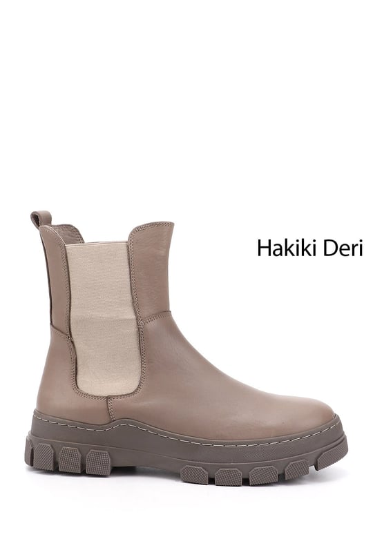 Women's Beige Rubber Sole Genuine Leather Chelsea Boots
