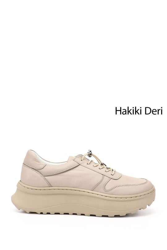 Women's Beige Genuine Leather Lace-Up Sneakers