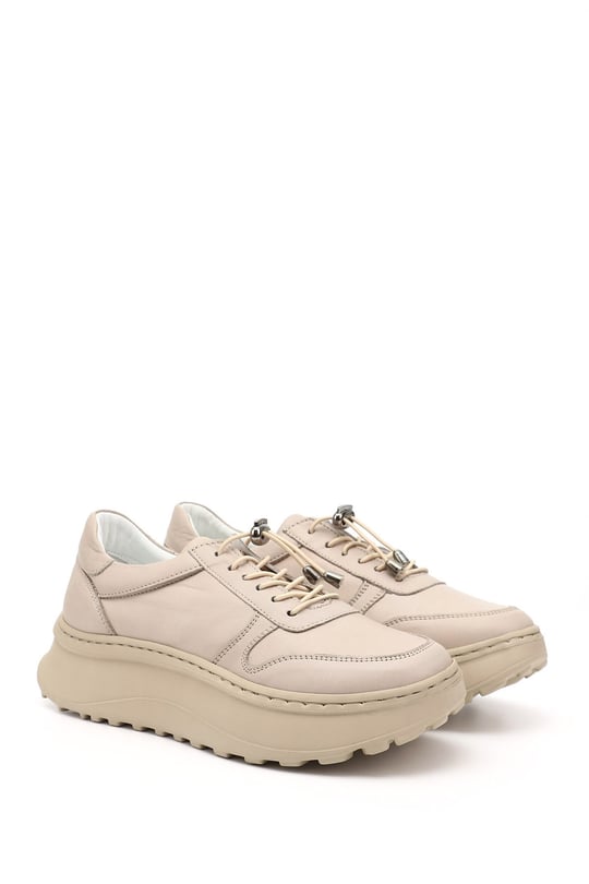 Women's Beige Genuine Leather Lace-Up Sneakers