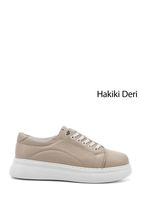 Kadın Bej Lastik Bağcıklı Comfort Dolgu Taban Hakiki Deri Sneaker