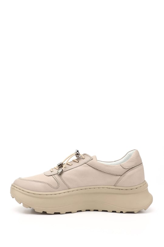 Women's Beige Genuine Leather Lace-Up Sneakers