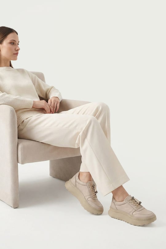 Women's Beige Genuine Leather Lace-Up Sneakers