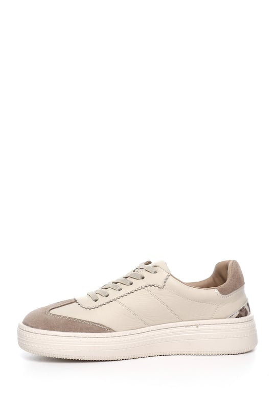 Kadın Bej Lastik Bağcıklı Dolgu Taban Hakiki Deri Sneaker