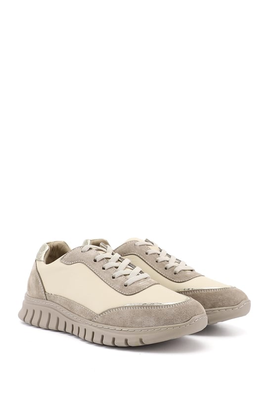 Kadın Bej Lastik Bağcıklı Hakiki Deri Sneaker