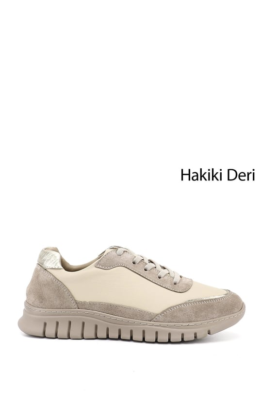 Women's Beige Elastic Lace-up Genuine Leather Sneaker
