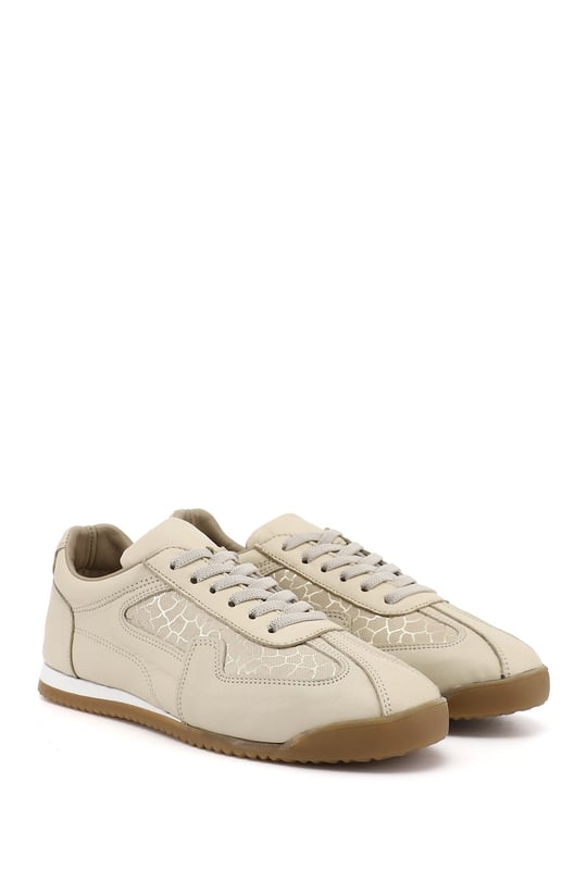 Kadın Bej Lastik Bağcıklı Hakiki Deri Sneaker