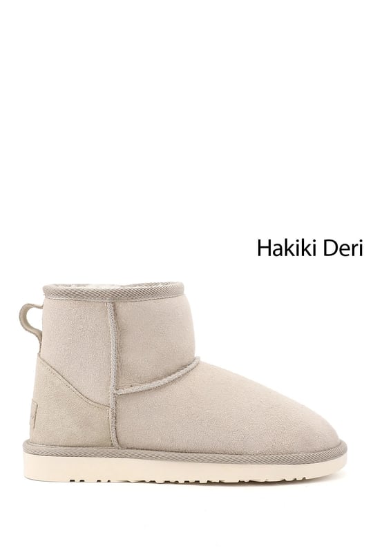 Kadın Bej Nubuk Kısa Hakiki Deri Kürklü Bot