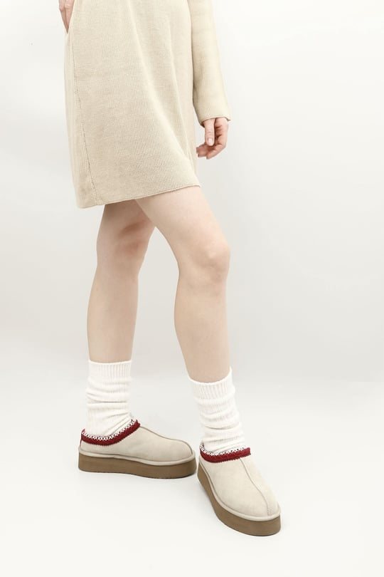 Women's Beige Nubuck W Tazz Thick Soled Genuine Leather Fur Slippers