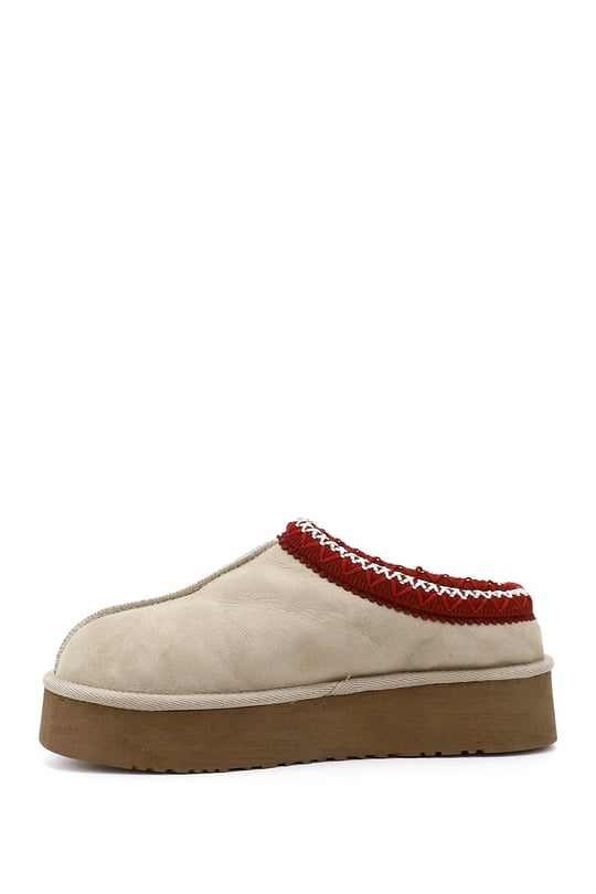 Women's Beige Nubuck W Tazz Thick Soled Genuine Leather Fur Slippers