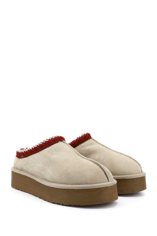 Women's Beige Nubuck W Tazz Thick Soled Genuine Leather Fur Slippers