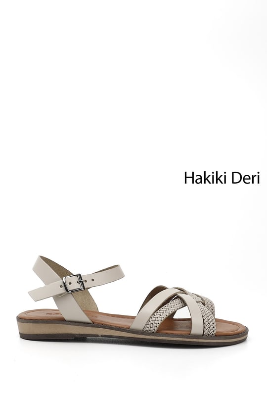 Kadın Bej Hakiki Deri Sandalet