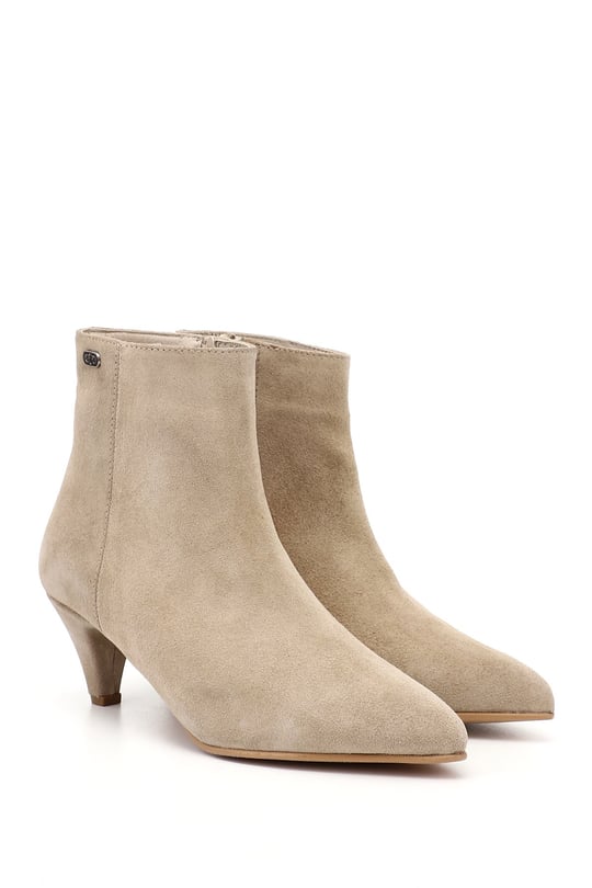 Women's Beige Suede Zip-Up Pointed Toe Genuine Leather Boots
