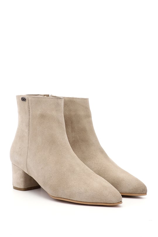 Women's Beige Suede Zip-Up Pointed Toe Genuine Leather Boots