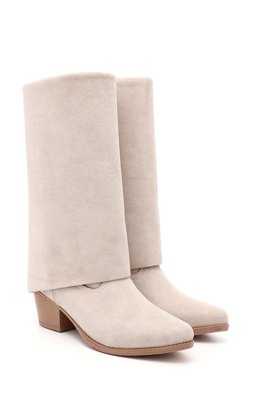 Women's Beige Suede Heeled Boots