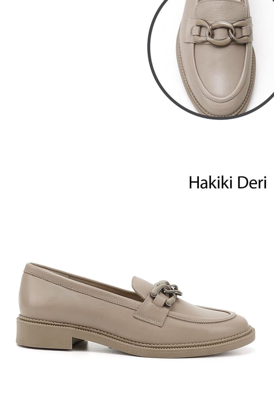 Kadın Bej Tokalı Hakiki Deri Loafer Ayakkabı