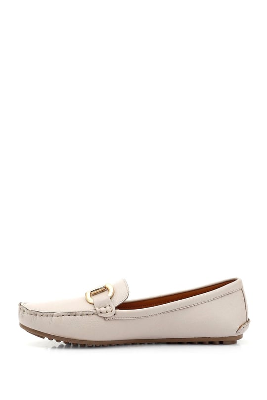 Kadın Bej Tokalı Rok Hakiki Deri Comfort Loafer