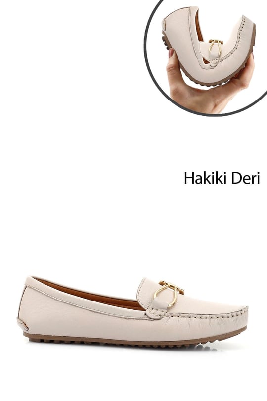 Kadın Bej Tokalı Rok Hakiki Deri Comfort Loafer