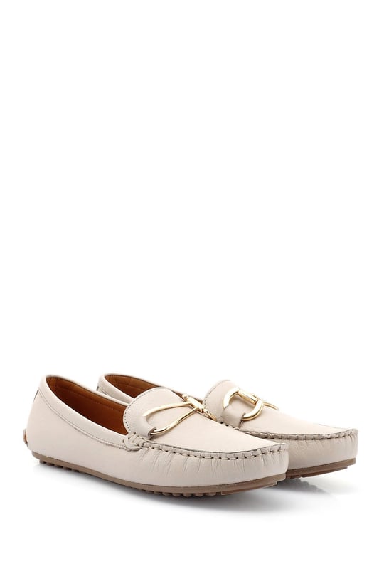 Kadın Bej Tokalı Rok Hakiki Deri Comfort Loafer