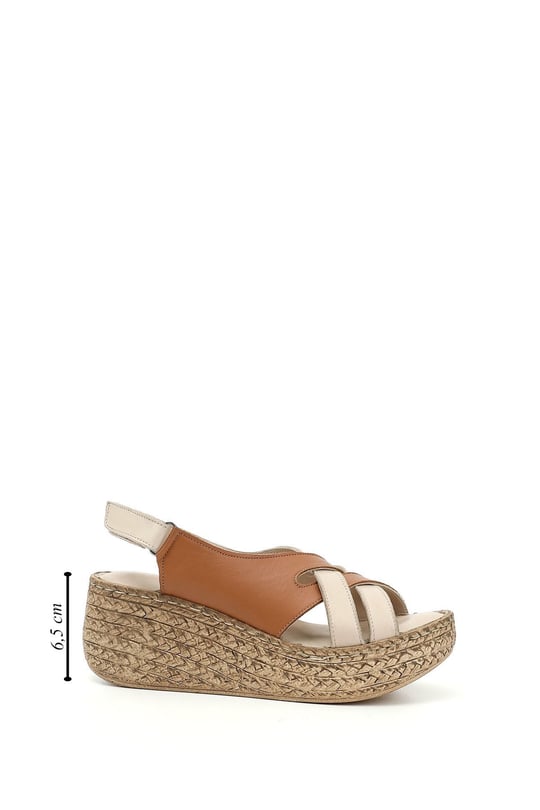 Women's Beige Tan Genuine Leather Wedge-Soled Sandals with Velcro Straps