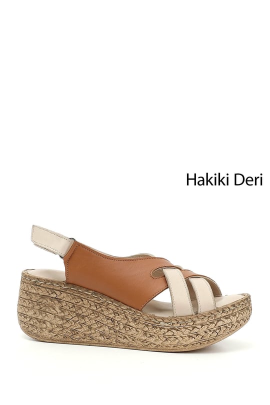 Women's Beige Tan Genuine Leather Wedge-Soled Sandals with Velcro Straps