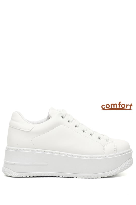 Kadın Beyaz Bağcıklı Dolgu Taban Comfort Sneaker