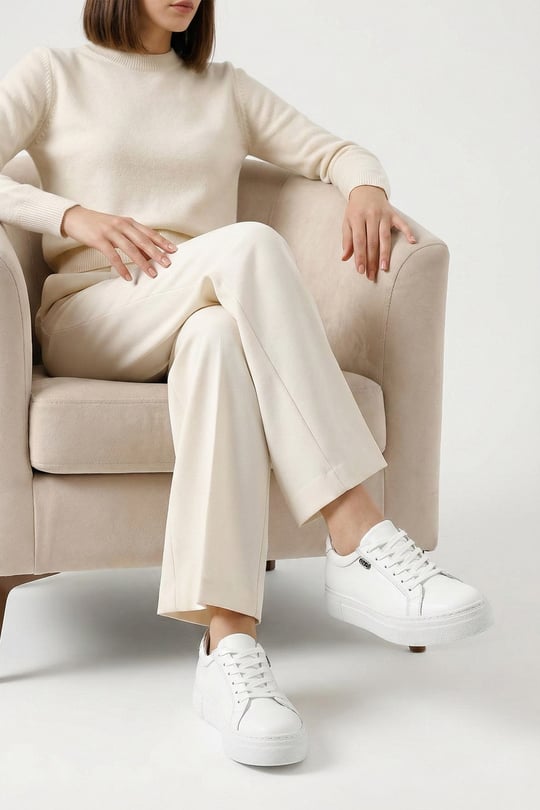 Kadın Beyaz Bağcıklı Dolgu Taban Hakiki Deri Sneaker