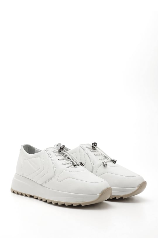 Kadın Beyaz Bağcıklı Dolgu Taban Hakiki Deri Sneaker