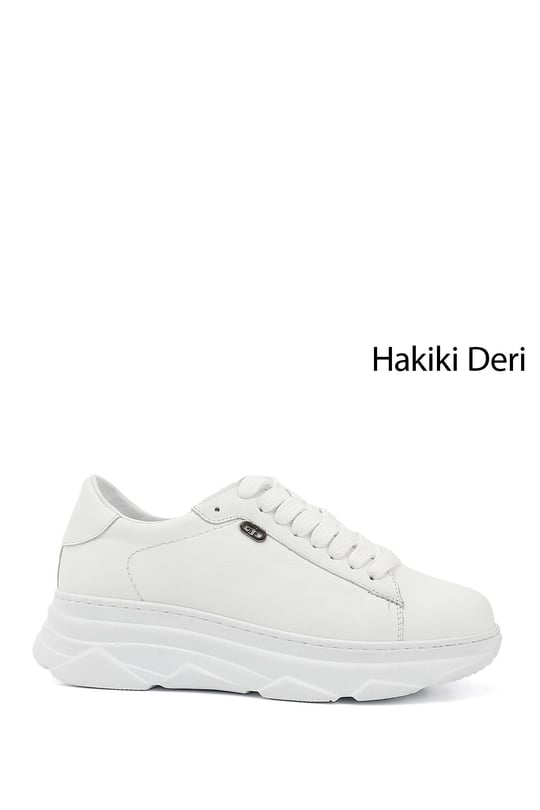 Kadın Beyaz Bağcıklı Dolgu Taban Hakiki Deri Sneaker