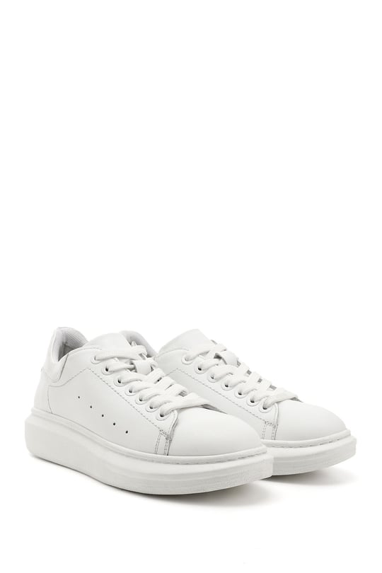 Kadın Beyaz Bağcıklı Dolgu Taban Hakiki Deri Sneaker
