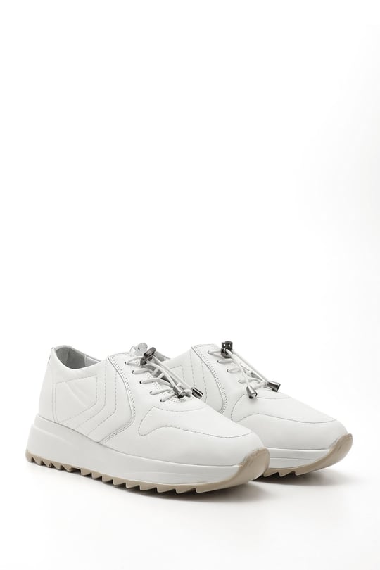 Kadın Beyaz Bağcıklı Dolgu Taban Hakiki Deri Sneaker