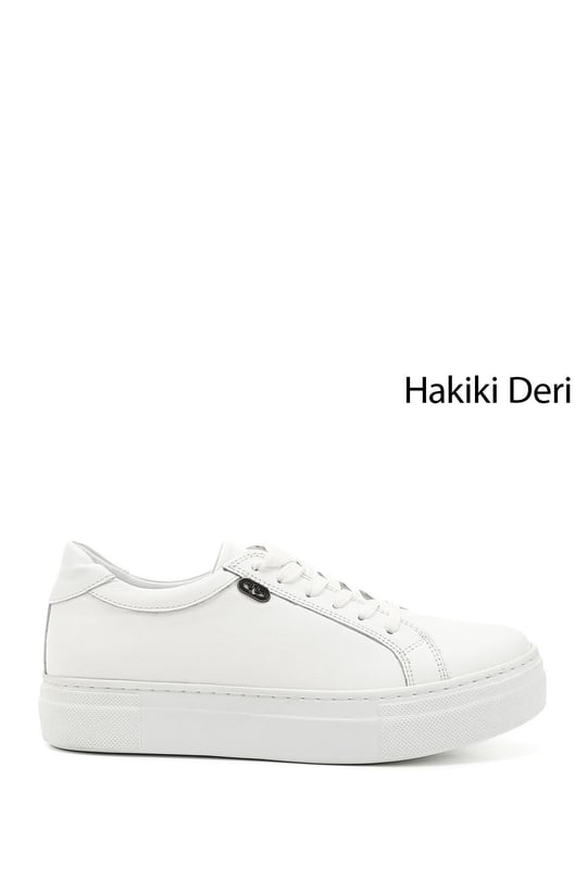Kadın Beyaz Bağcıklı Dolgu Taban Hakiki Deri Sneaker