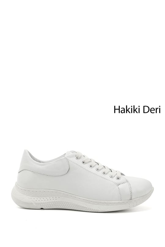 Kadın Beyaz Bağcıklı Dolgu Taban Hakiki Deri  Sneaker