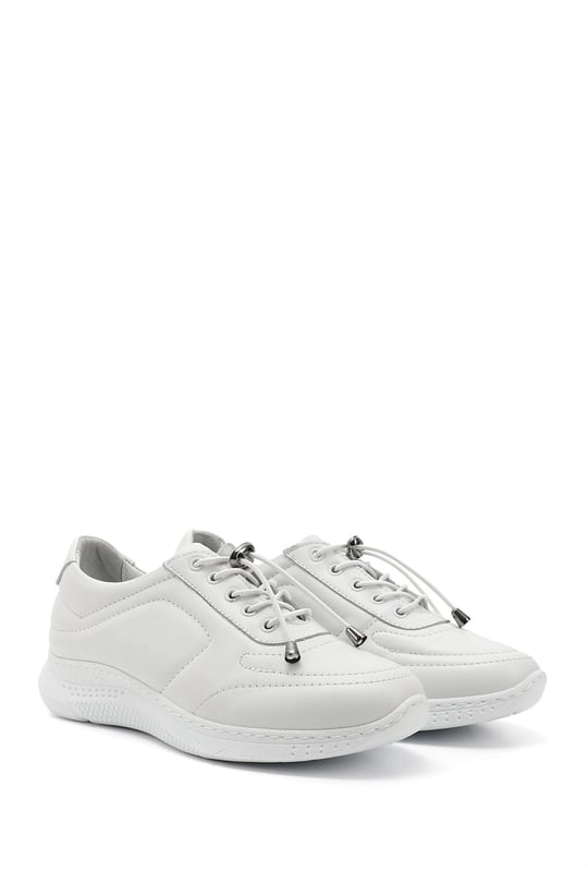 Women's White Lace-Up Wedge Sole Genuine Leather Sneakers