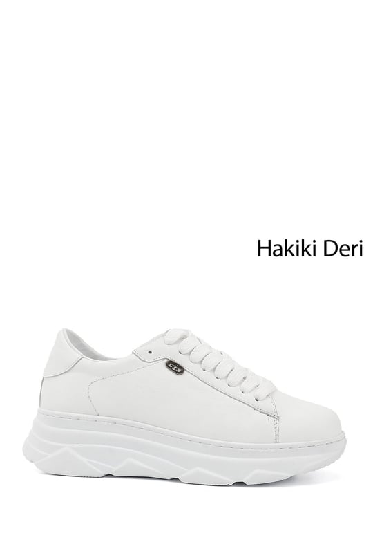 Women's White Lace-Up Wedge Sole Genuine Leather Sneakers