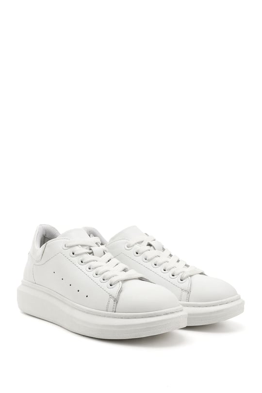 Kadın Beyaz Bağcıklı Dolgu Taban Hakiki Deri Sneaker