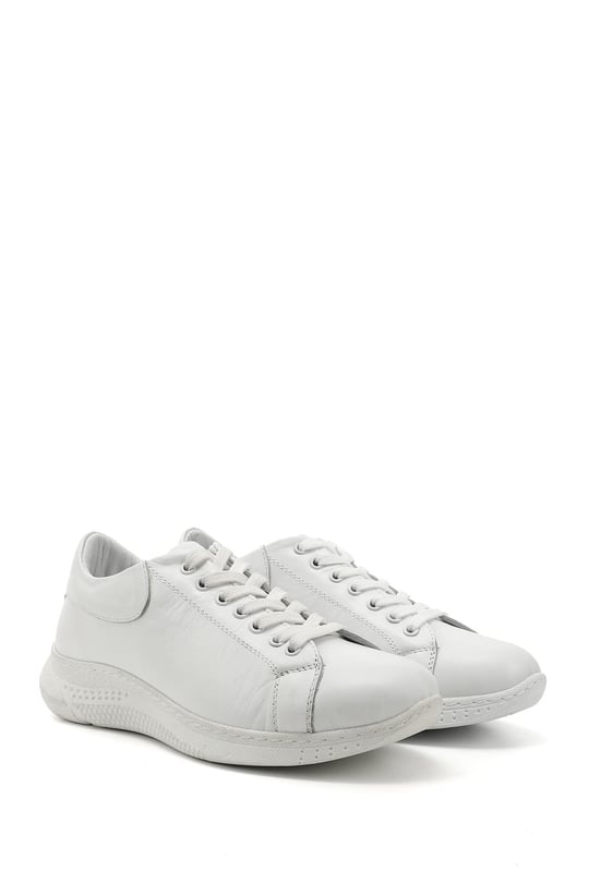 Kadın Beyaz Bağcıklı Dolgu Taban Hakiki Deri  Sneaker