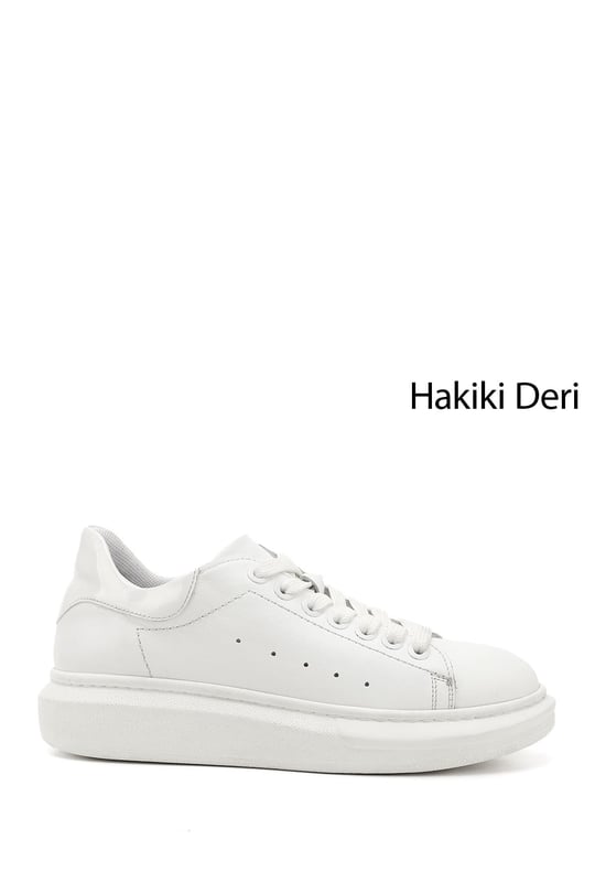 Kadın Beyaz Bağcıklı Dolgu Taban Hakiki Deri Sneaker