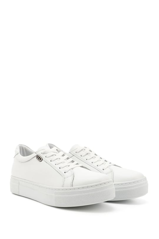 Kadın Beyaz Bağcıklı Dolgu Taban Hakiki Deri Sneaker