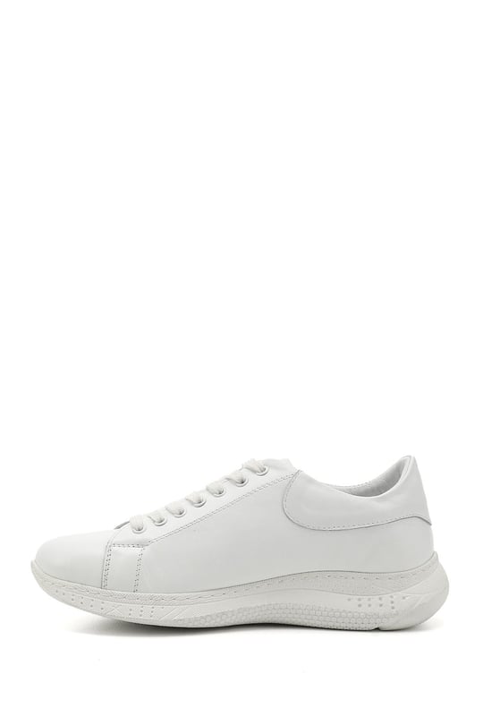 Kadın Beyaz Bağcıklı Dolgu Taban Hakiki Deri  Sneaker