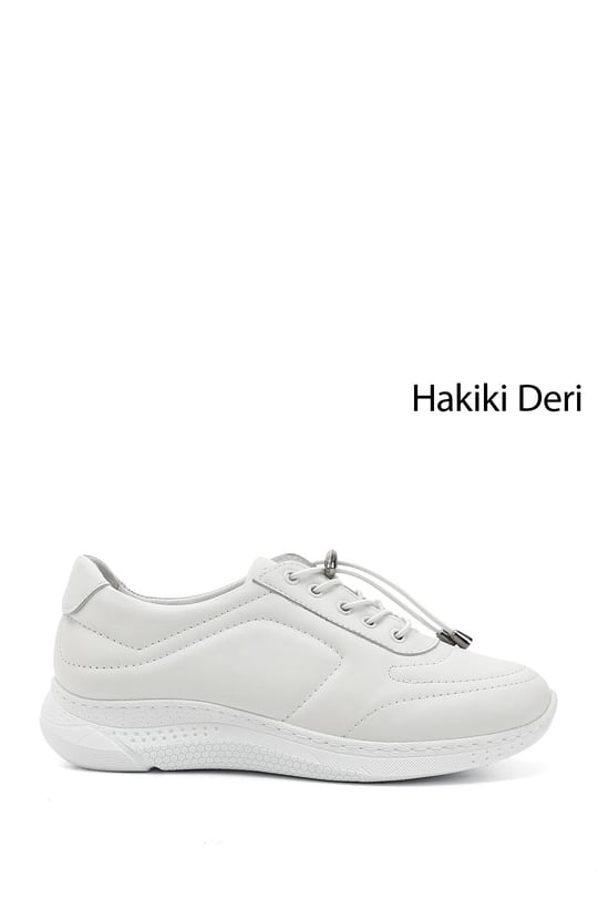 Women's White Lace-Up Wedge Sole Genuine Leather Sneakers