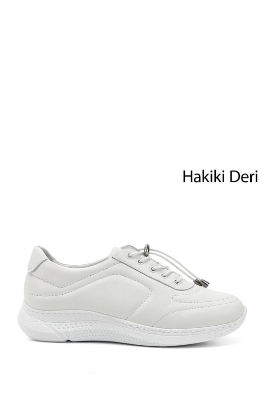 Kadın Beyaz Bağcıklı Dolgu Taban Hakiki Deri Sneaker