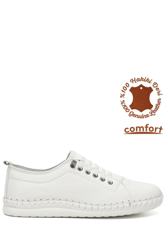 Kadın Beyaz Bağcıklı Hakiki Deri Comfort Ayakkabı
