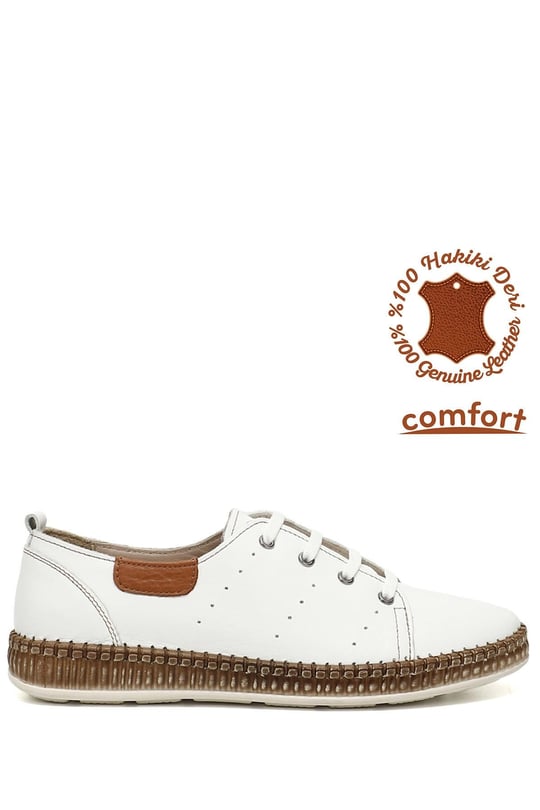 Kadın Beyaz Bağcıklı Hakiki Deri Comfort Ayakkabı