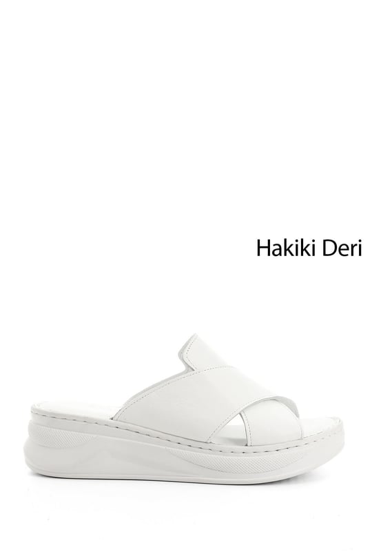 Kadın Beyaz Çapraz Bantlı Dolgu Topuk Hakiki Deri Comfort Terlik