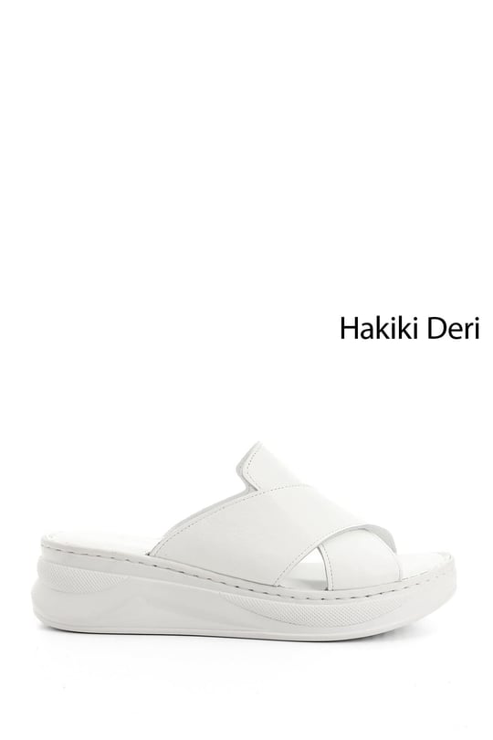 Kadın Beyaz Çapraz Bantlı Dolgu Topuk Hakiki Deri Comfort Terlik