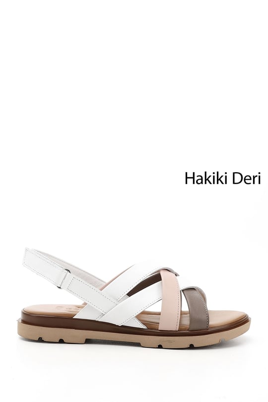 Kadın Beyaz Çapraz Bantlı Hakiki Deri Sandalet