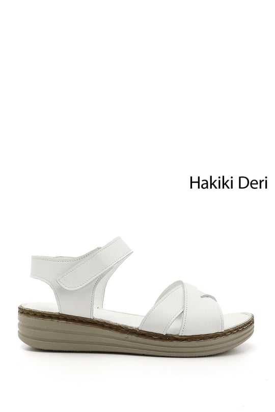 Kadın Beyaz Cırt Bantlı Dolgu Topuk Hakiki Deri Comfort Sandalet