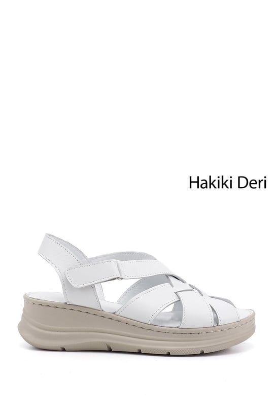Kadın Beyaz Cırt Bantlı Dolgu Topuk Hakiki Deri Sandalet