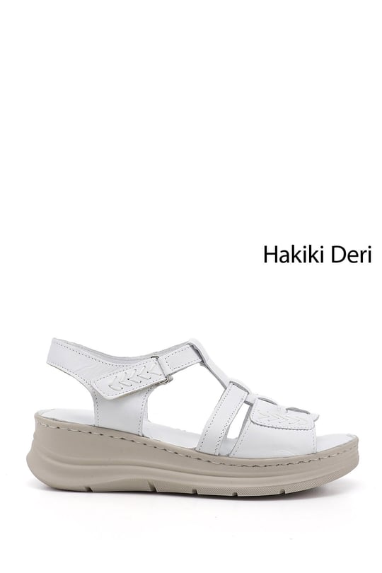 Kadın Beyaz Cırt Bantlı Dolgu Topuk Hakiki Deri Sandalet