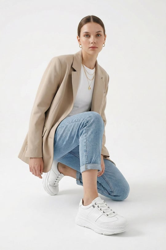 Kadın Beyaz Dolgu Taban Bağcıklı Hakiki Deri Sneaker
